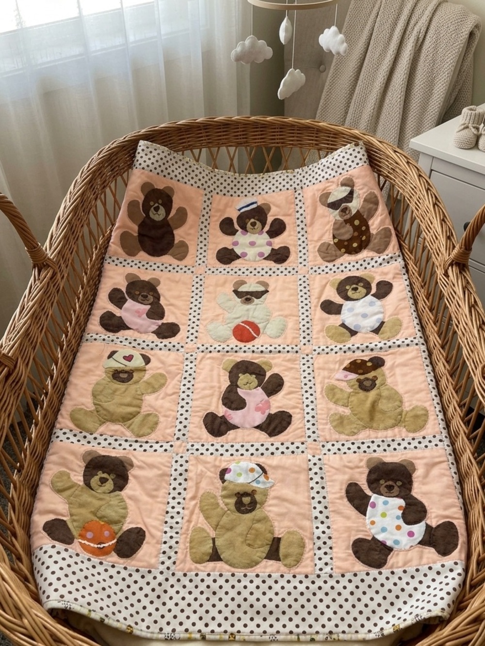 Plush Bear Patchworkβ Handmade Reversible Baby Quilt Blanket in Peach 45βX35.5β
